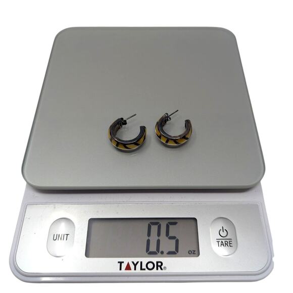 CNA 925 Sterling Silver Italy Yellow Inlay Hoop Earrings 0.5oz Modern Design - Picture 2 of 4